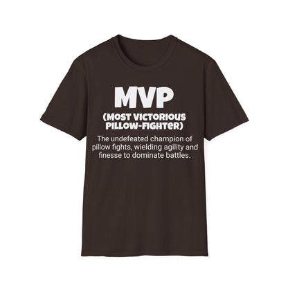 Funny Unisex Softstyle T-Shirt, "MVP - Most Victorious Pillow-fighter", Unique Apparel Gift, Humorous Gag Novelty Tee Present