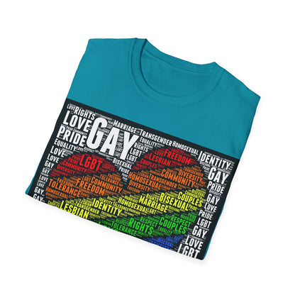 Unisex LGBTQ Lesbian Gay Pride Word Cloud T-Shirt, Proud Love Support Gift, Rainbow Heart Apparel, Unique Pride Month t shirt