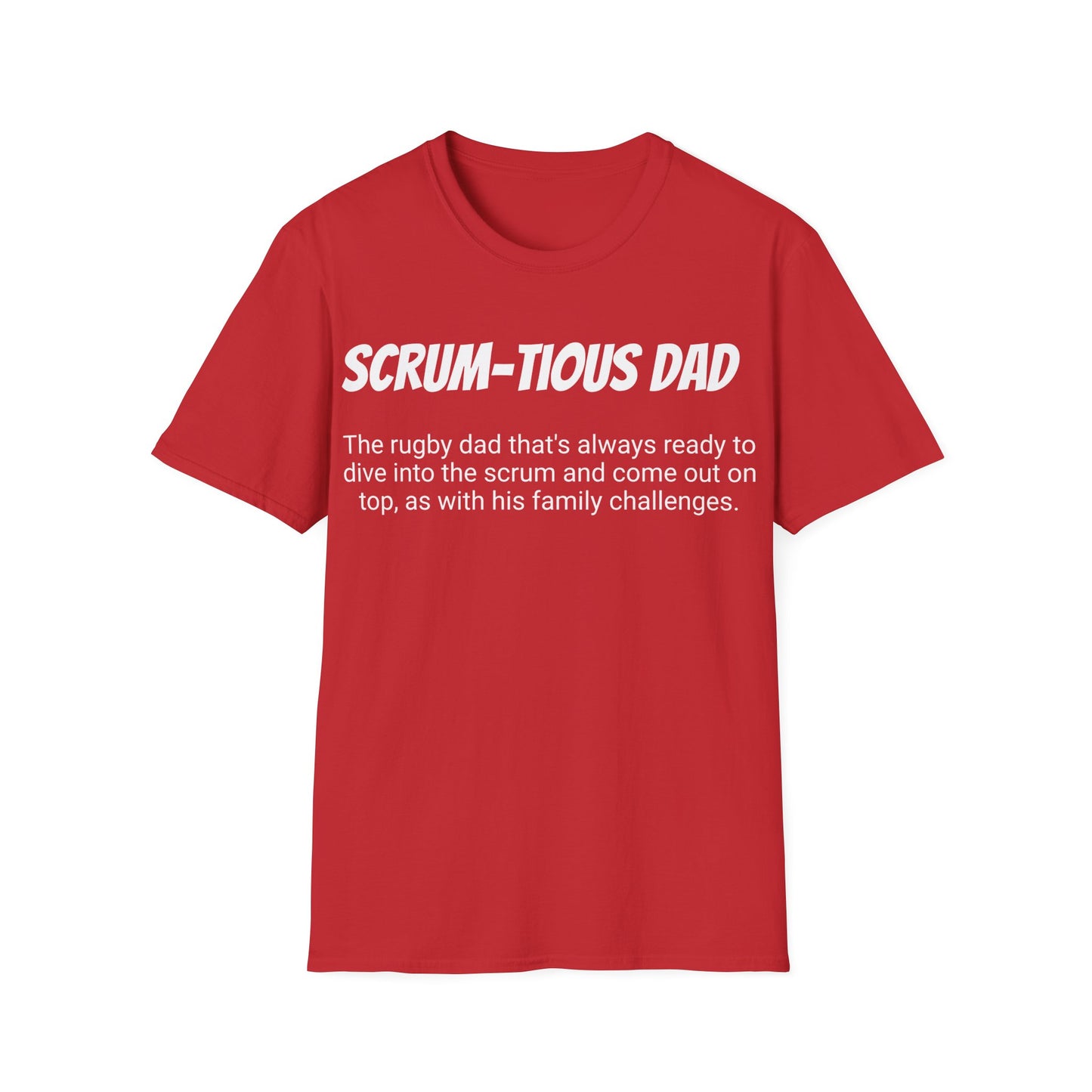 Funny Rugby Dad's Mens Softstyle T-shirt, "Scrum-tious Dad", Father's Day Gift, Humorous Unique Novelty Apparel Tee Present