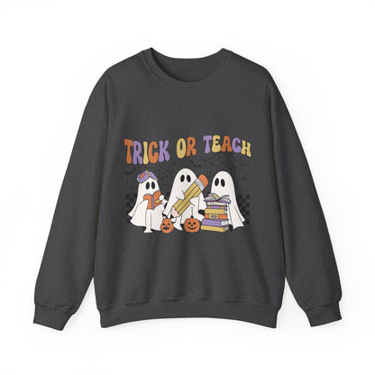 Trick or Teach Sweatshirt Halloween Teacher Sweater Retro Groovy Ghosts Teacher Pullover Sweater Bookish Ghosts Halloween Gift Ghost Teacher