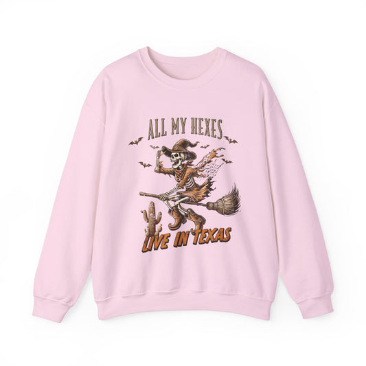 All My Hexes Live In Texas Sweatshirt Funny Western Halloween Sweater Skeleton Cowgirl Witch Pullover Sweater Witchy Vintage Halloween Gift