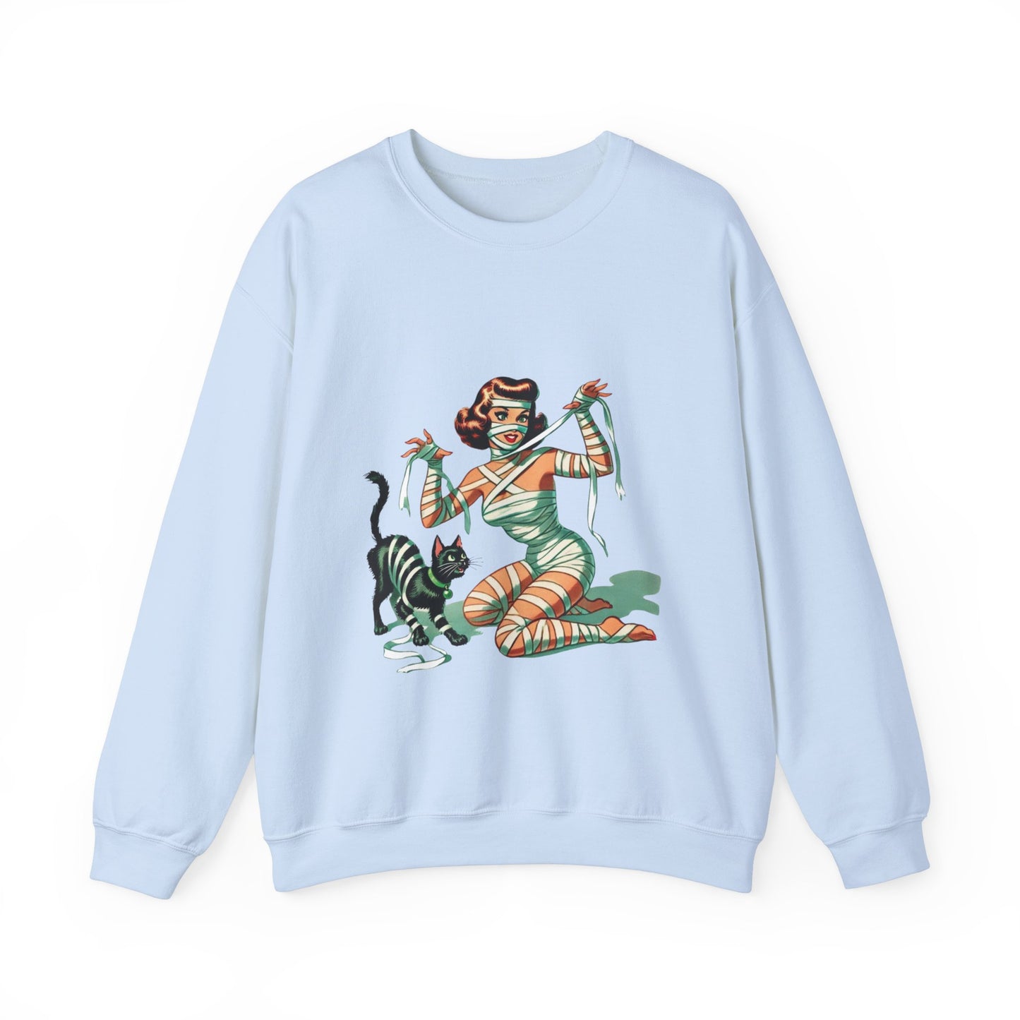 Mummy Pin-Up Girl Sweatshirt Halloween Cat Girl Sweater Retro Pin Up Girl Mummy Pullover Vintage Creepy Cat Pinup Girl Sweater Womans Gift