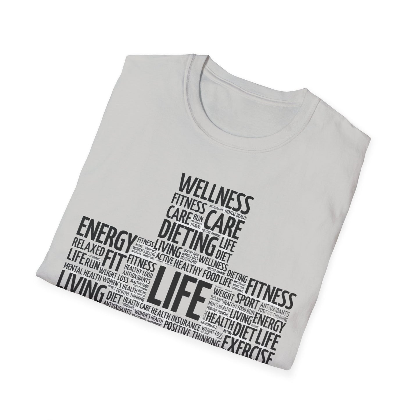 Unisex Happy Life Cross T-Shirt, Fitness Lifestyle Health Wellness Word Cloud t shirt, Positive Thinking Motivation Tee Shirt