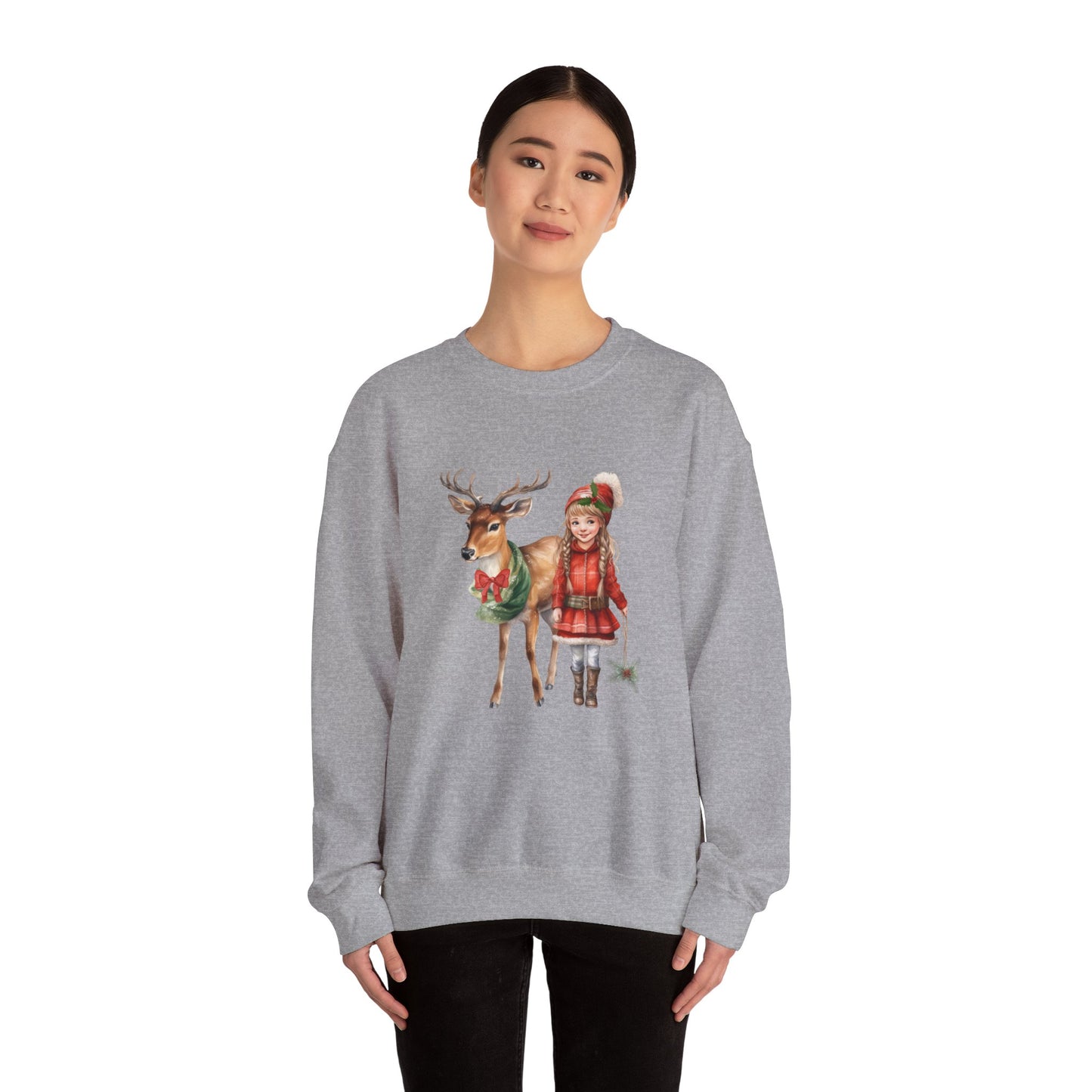 Vintage Reindeer Christmas Sweatshirt 50s Vintage Graphic Tee Vintage Retro Christmas Sweater 1950s Girl and Reindeer Sweat Rudolph Crewneck