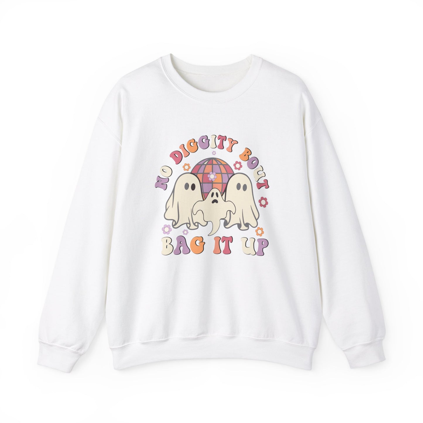 No Diggity Bout To Bag It Up Halloween Sweatshirt Retro Halloween Sweater Retro Halloween Apparel Groovy Spooky Season Crewneck Cute Ghosts