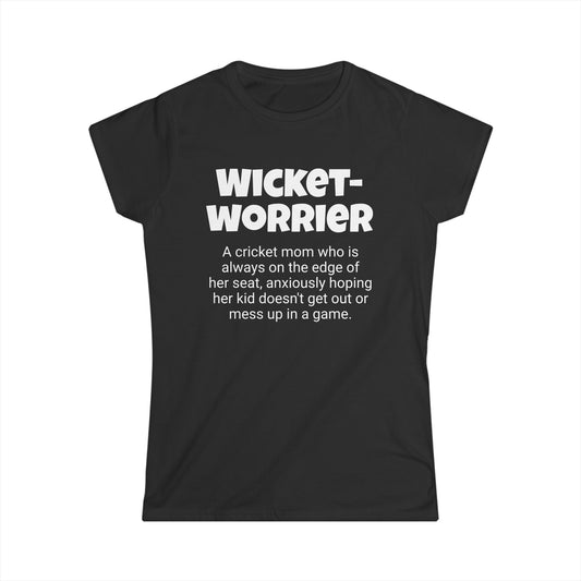 Funny Cricket Mom's Women's Softstyle Tee, "Wicket-worrier", Mother's Day Gift, Ladies Adult T-shirt Unique Novelty Present