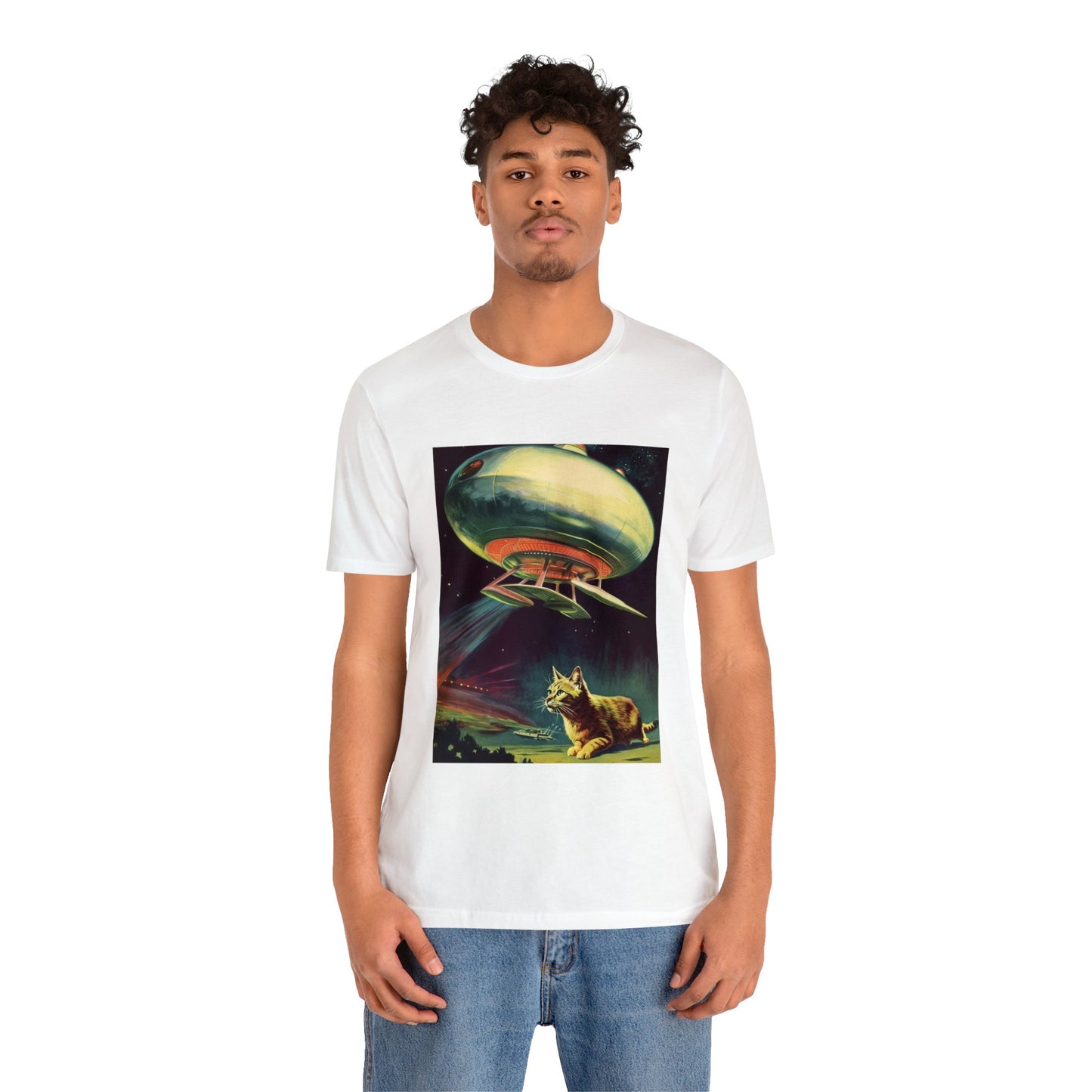 Funny Spaceship Cat UFO Shirts Unique Flying Saucer Weird Cool Gift Retro Vintage Graphic UAP tshirt Galaxy Cat Unisex T-Shirt Cat Lover Tee