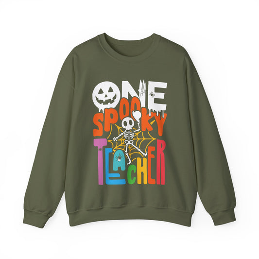 One Spooky Teacher Sweatshirt Halloween Teacher Sweater Spooky Skeleton Teacher Pullover Sweater Retro Groovy Halloween Gift Scary Teacher