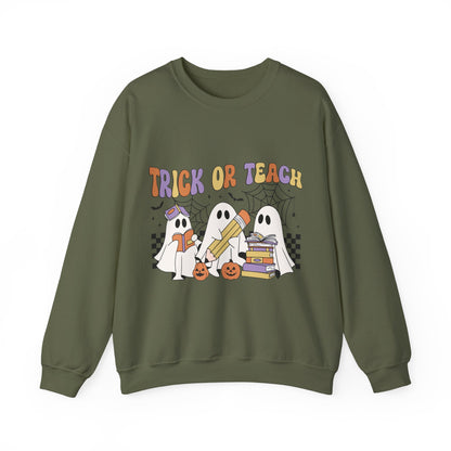 Trick or Teach Sweatshirt Halloween Teacher Sweater Retro Groovy Ghosts Teacher Pullover Sweater Bookish Ghosts Halloween Gift Ghost Teacher