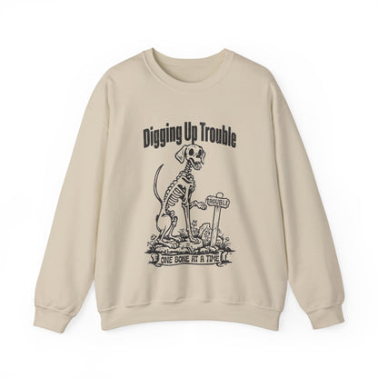 Digging up Trouble Halloween Sweatshirt Skeleton Dog Halloween Sweater Retro Funny Dog Halloween Pullover Sweater Dog Lover Gift Dog Owner