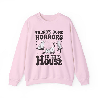 There's Some Horrors In This House Sweatshirt Funny Halloween Sweater Ghost Cat Sweater Retro Halloween Sweater Spooky Season Cat Lover Gift