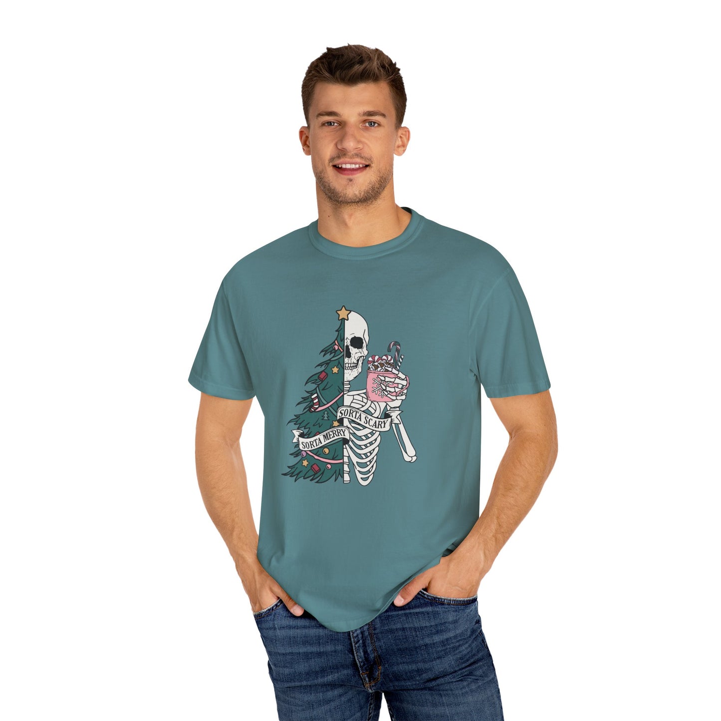 Comfort Colors® Sorta Merry Sorta Scary Tee Funny Christmas Tshirt Cute Spooky Season Shirt Christmas Skeleton TShirt Retro Vintage Xmas Tee