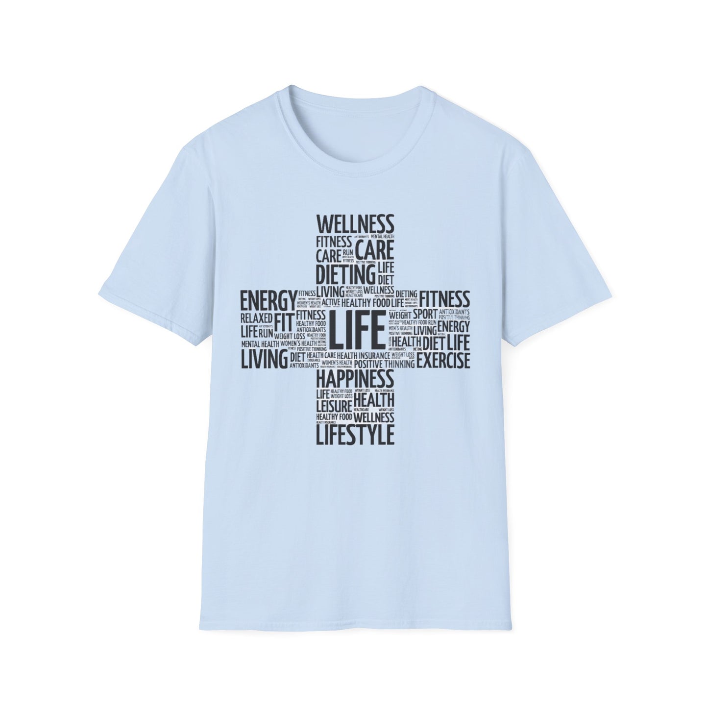 Unisex Happy Life Cross T-Shirt, Fitness Lifestyle Health Wellness Word Cloud t shirt, Positive Thinking Motivation Tee Shirt