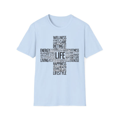 Unisex Happy Life Cross T-Shirt, Fitness Lifestyle Health Wellness Word Cloud t shirt, Positive Thinking Motivation Tee Shirt