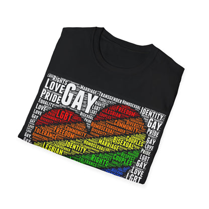 Unisex LGBTQ Lesbian Gay Pride Word Cloud T-Shirt, Proud Love Support Gift, Rainbow Heart Apparel, Unique Pride Month t shirt