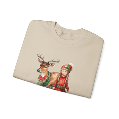 Vintage Reindeer Christmas Sweatshirt 50s Vintage Graphic Tee Vintage Retro Christmas Sweater 1950s Girl and Reindeer Sweat Rudolph Crewneck