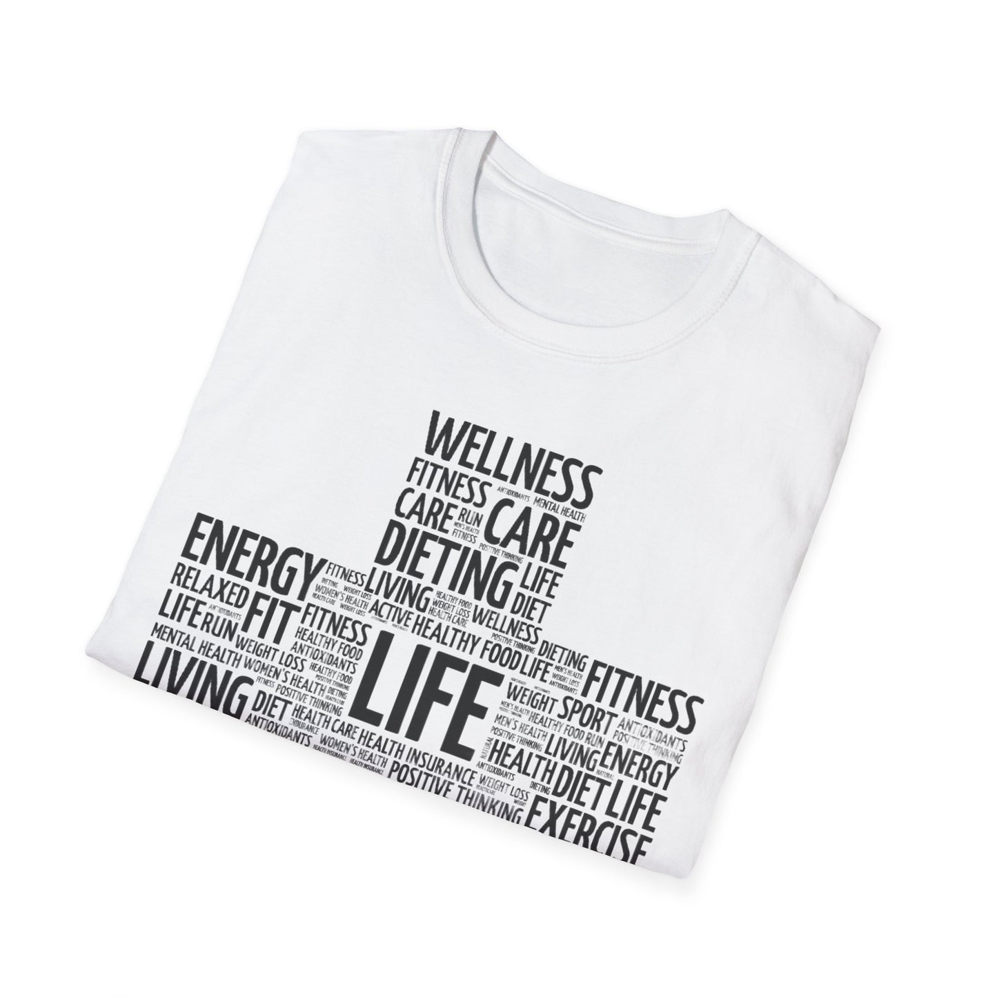 Unisex Happy Life Cross T-Shirt, Fitness Lifestyle Health Wellness Word Cloud t shirt, Positive Thinking Motivation Tee Shirt