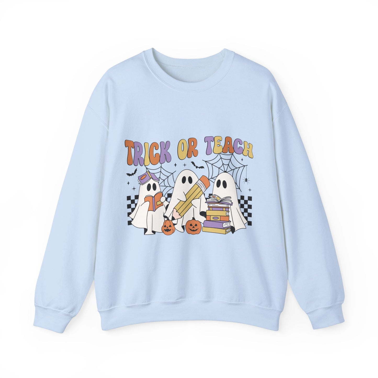 Trick or Teach Sweatshirt Halloween Teacher Sweater Retro Groovy Ghosts Teacher Pullover Sweater Bookish Ghosts Halloween Gift Ghost Teacher