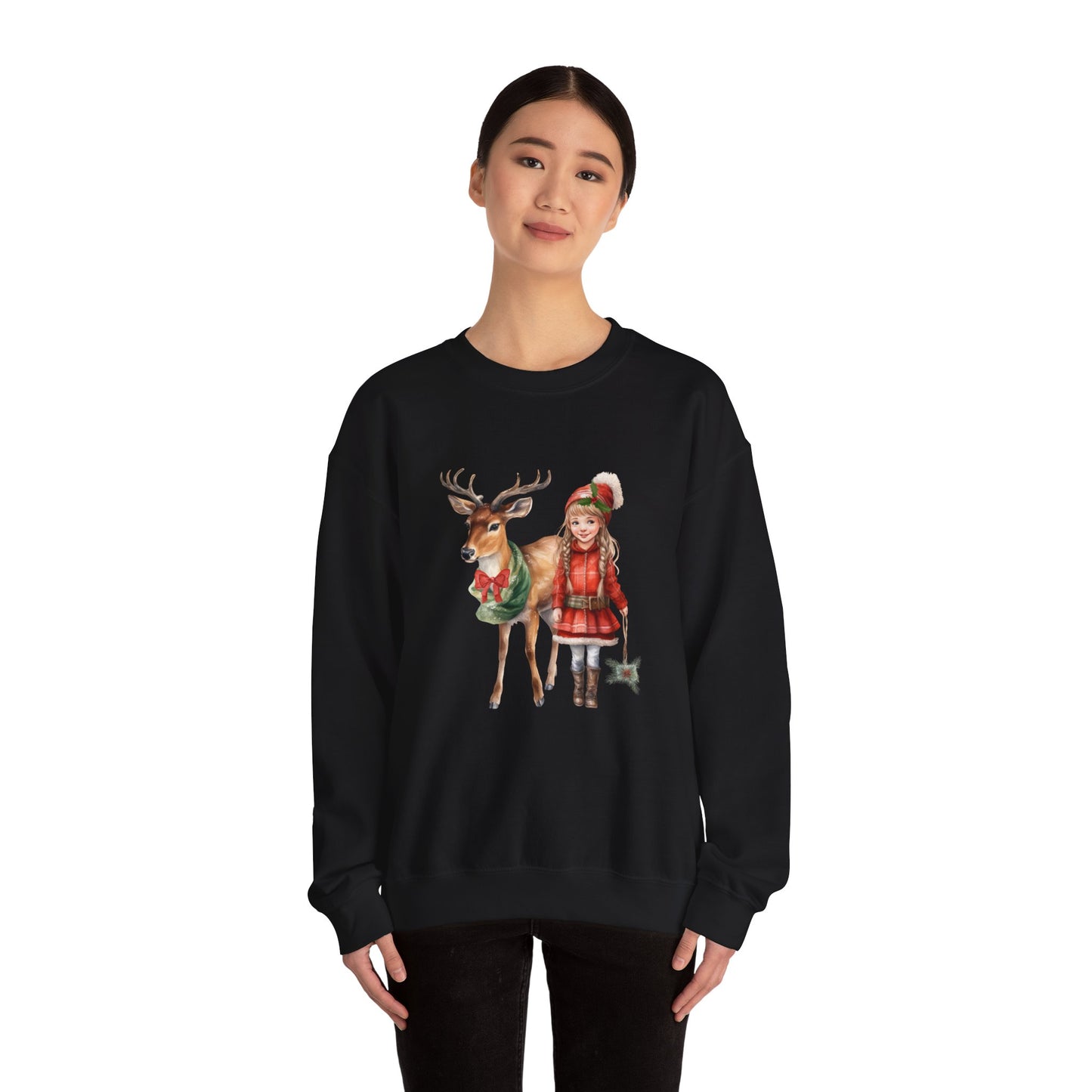 Vintage Reindeer Christmas Sweatshirt 50s Vintage Graphic Tee Vintage Retro Christmas Sweater 1950s Girl and Reindeer Sweat Rudolph Crewneck