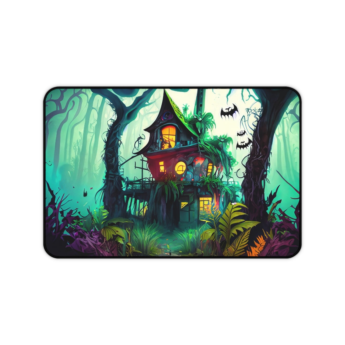 Retro Halloween Desk Mat Haunted House Office Desk Accessory Whimsigoth Large Mouse Pad Spooky Bats Desk Pad XL Neon Forest Gaming Mousepad