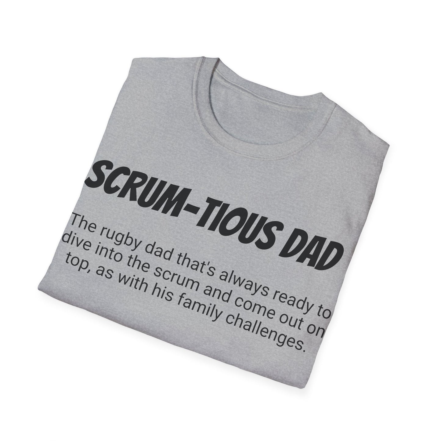 Funny Rugby Dad's Mens Softstyle T-shirt, "Scrum-tious Dad", Father's Day Gift, Humorous Unique Novelty Apparel Tee Present