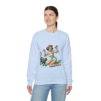 Mummy Pin-Up Girl Sweatshirt Halloween Cat Girl Sweater Retro Pin Up Girl Mummy Pullover Vintage Creepy Cat Pinup Girl Sweater Womans Gift