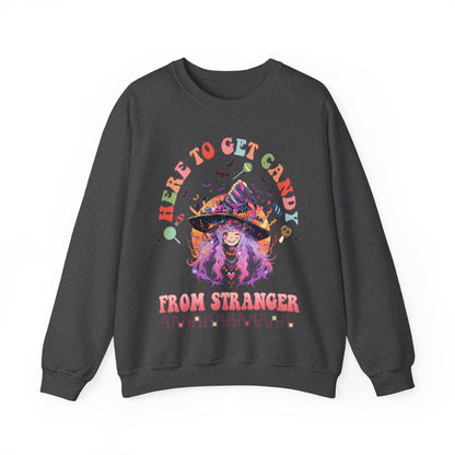 Here To Get Candy From Stranger Sweatshirt Funny Halloween Sweater Anime Witch Sweatshirt Retro Halloween Sweater Halloween Witch Crewneck