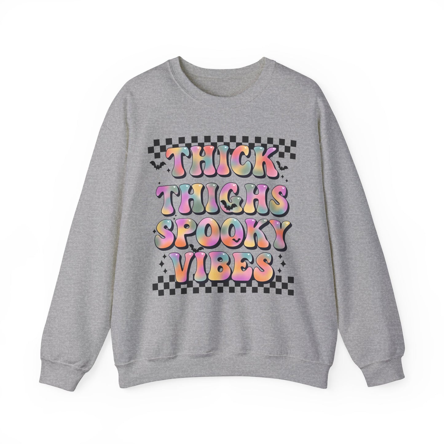 Thick Thighs And Spooky Vibes Sweatshirt Retro Halloween Sweater Groovy Halloween Party Outfit Spooky Season Funny Halloween Apparel Fall