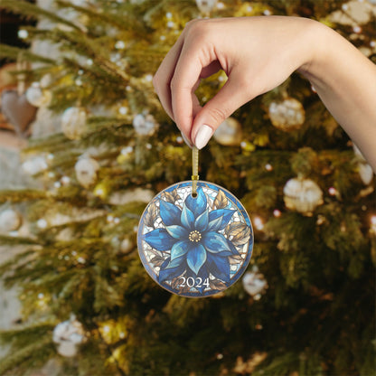 Christmas 2024 Glass Ornament Blue Flower Christmas Decoration Gift Idea Heirloom Keepsake Gift Exchange Faux Stained Glass Xmas Tree Decor