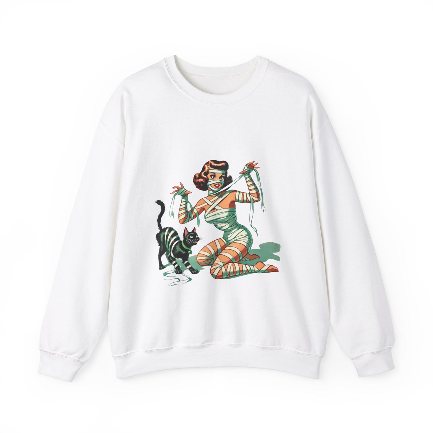 Mummy Pin-Up Girl Sweatshirt Halloween Cat Girl Sweater Retro Pin Up Girl Mummy Pullover Vintage Creepy Cat Pinup Girl Sweater Womans Gift