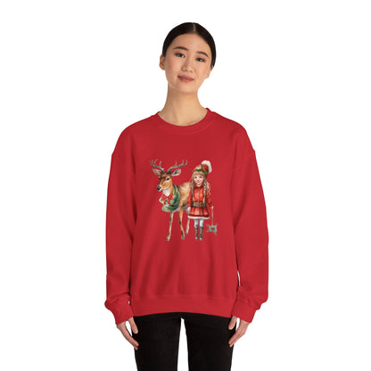 Vintage Reindeer Christmas Sweatshirt 50s Vintage Graphic Tee Vintage Retro Christmas Sweater 1950s Girl and Reindeer Sweat Rudolph Crewneck