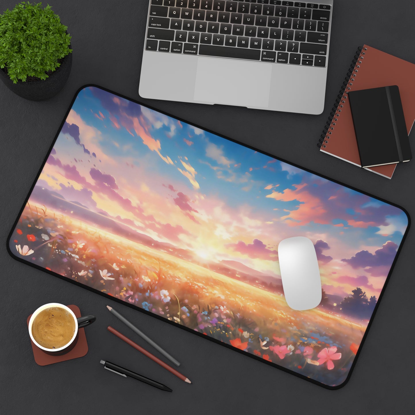 Anime Spring Flowers Desk Mat Manga Sunset Office Desk Accessory Lofi Mouse Pad Japanese XL Desk Pad Large Gaming Mousepad Unique Gift Idea