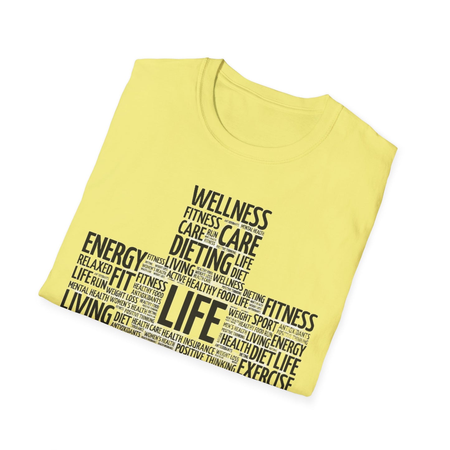 Unisex Happy Life Cross T-Shirt, Fitness Lifestyle Health Wellness Word Cloud t shirt, Positive Thinking Motivation Tee Shirt