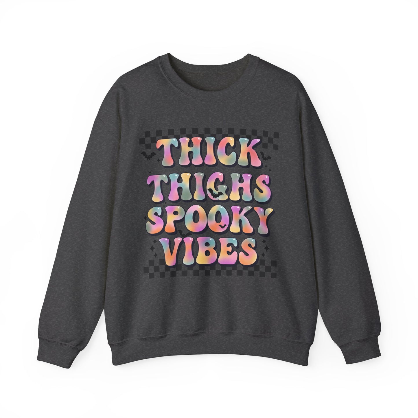 Thick Thighs And Spooky Vibes Sweatshirt Retro Halloween Sweater Groovy Halloween Party Outfit Spooky Season Funny Halloween Apparel Fall