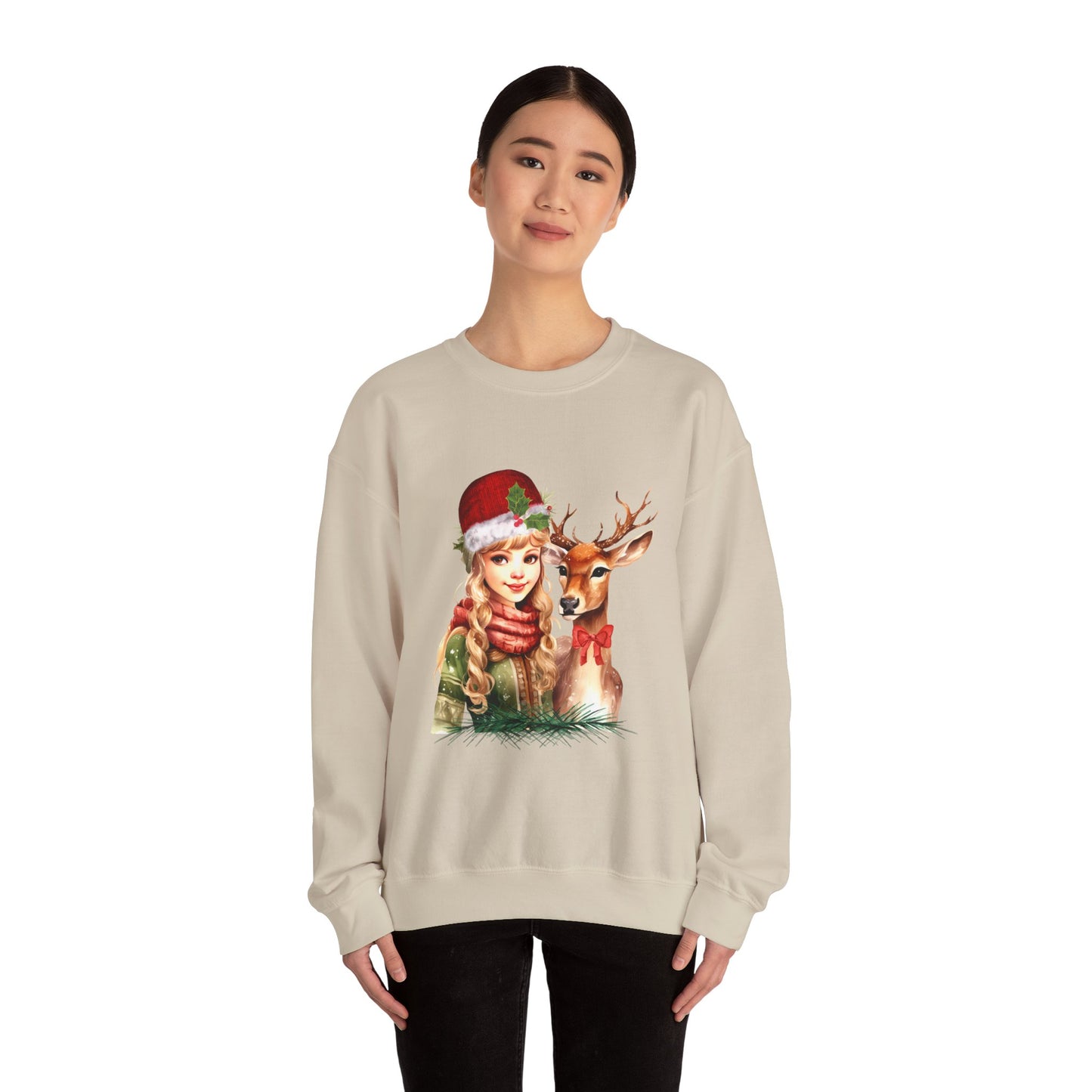 Vintage Reindeer Christmas Sweatshirt Retro Christmas Sweater Vintage Graphic Tee Vintage 1950s Girl and Reindeer Sweater Rudolph Crewneck