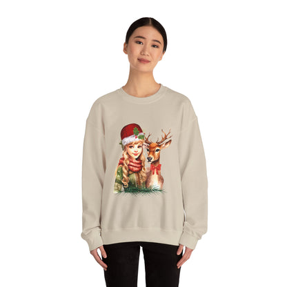 Vintage Reindeer Christmas Sweatshirt Retro Christmas Sweater Vintage Graphic Tee Vintage 1950s Girl and Reindeer Sweater Rudolph Crewneck