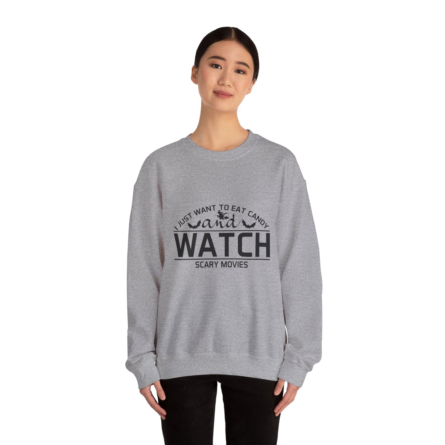 I Just Want To Eat Candy And Watch Scary Movies Sweatshirt Horror Movie Sweater Funny Halloween Apparel Halloween Party Costume Fall Season