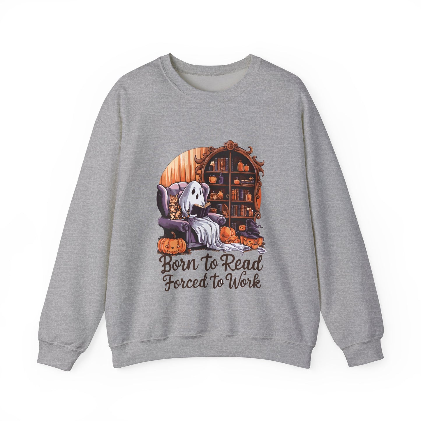 Born To Read Forced To Work Sweatshirt Funny Halloween Ghost Reading Book Sweater Book Addict Gift Book Lover Pullover Sweater Librarian Gift