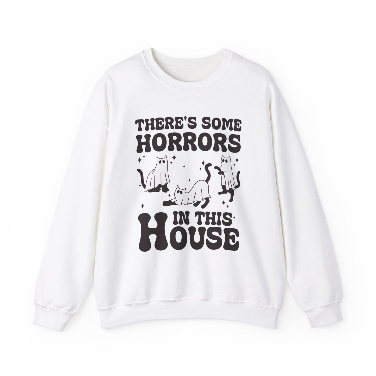 There's Some Horrors In This House Sweatshirt Funny Halloween Sweater Ghost Cat Sweater Retro Halloween Sweater Spooky Season Cat Lover Gift