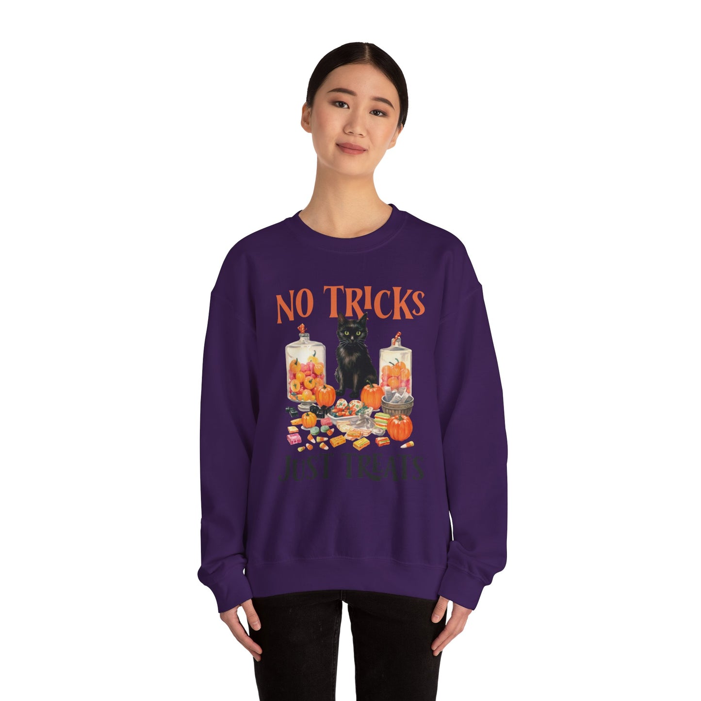 No Tricks Just Treats Sweatshirt Vintage 1950s Halloween Sweater Halloween Party Sweatshirt Retro Halloween Fall Sweater Funny Cat Lover