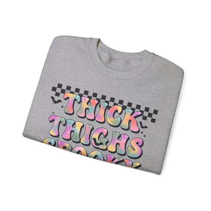 Thick Thighs And Spooky Vibes Sweatshirt Retro Halloween Sweater Groovy Halloween Party Outfit Spooky Season Funny Halloween Apparel Fall