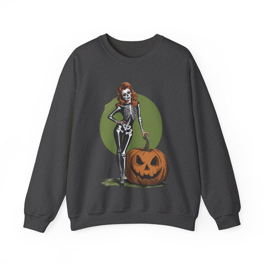 Skeleton Pin Up Girl Sweatshirt Retro Vintage Skeleton Girl Pinup Sweater Creepy Skeleton Pumpkin Girl Pullover Autumn Womans Halloween Gift