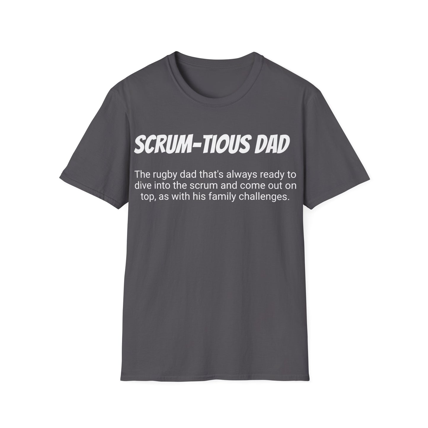 Funny Rugby Dad's Mens Softstyle T-shirt, "Scrum-tious Dad", Father's Day Gift, Humorous Unique Novelty Apparel Tee Present