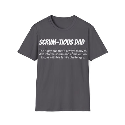 Funny Rugby Dad's Mens Softstyle T-shirt, "Scrum-tious Dad", Father's Day Gift, Humorous Unique Novelty Apparel Tee Present