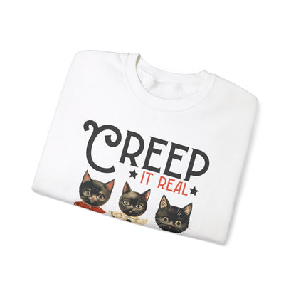 Creep It Real Sweatshirt Vintage 1950s Halloween Sweater Retro Halloween Sweatshirt Funny Black Cats Halloween Apparel Fall Season Cat Lover