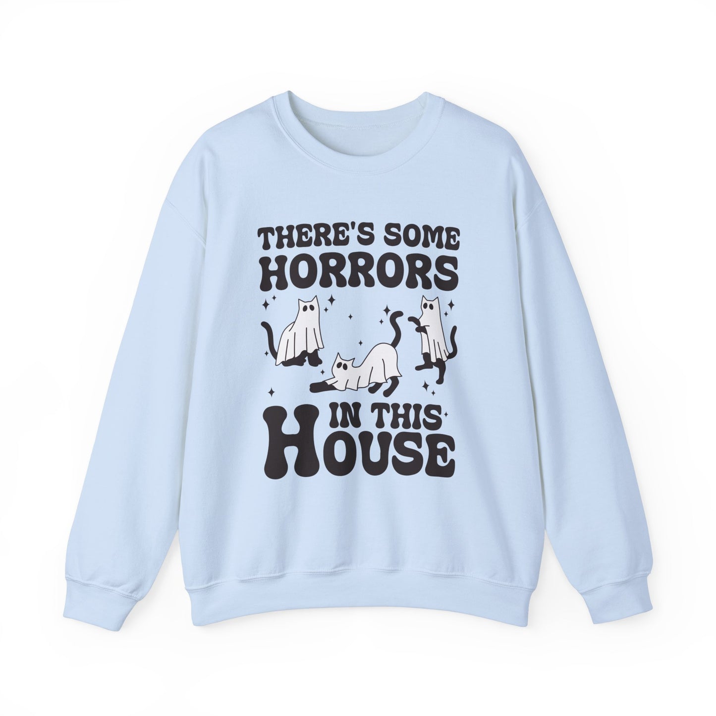 There's Some Horrors In This House Sweatshirt Funny Halloween Sweater Ghost Cat Sweater Retro Halloween Sweater Spooky Season Cat Lover Gift