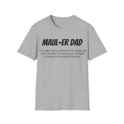 Funny Rugby Dad's Mens Softstyle T-shirt, "Maul-er Dad", Father's Day Gift, Humorous Unique Novelty Apparel Tee Present