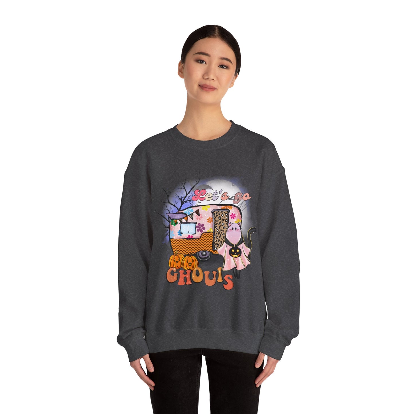 Lets Go Ghouls Sweatshirt Retro Halloween Sweater Funny Cat Halloween Sweat Spooky Season Crewneck Groovy Girls Trip Halloween Party Outfit