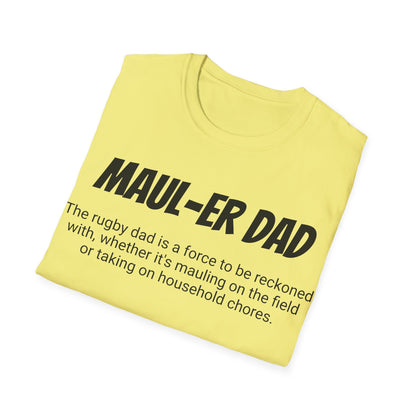 Funny Rugby Dad's Mens Softstyle T-shirt, "Maul-er Dad", Father's Day Gift, Humorous Unique Novelty Apparel Tee Present