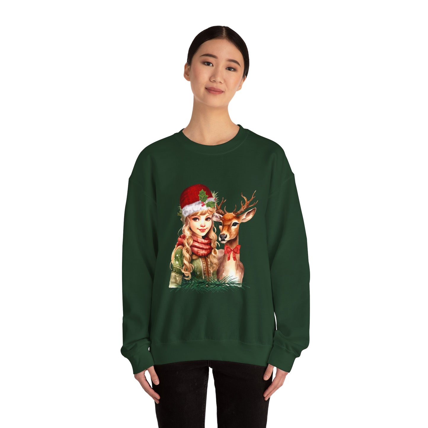 Vintage Reindeer Christmas Sweatshirt Retro Christmas Sweater Vintage Graphic Tee Vintage 1950s Girl and Reindeer Sweater Rudolph Crewneck